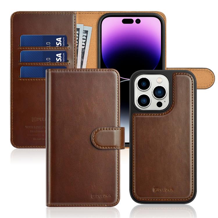 PULOKA - Puloka iPhone 14 Pro Plånboksfodral 2in1 Detachable - Brun