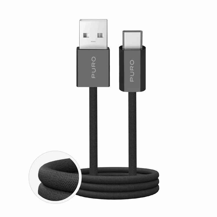 Puro USB-A - USB-C Kabel 1.5m Flätad Fabrik 2.0 10W - Svart