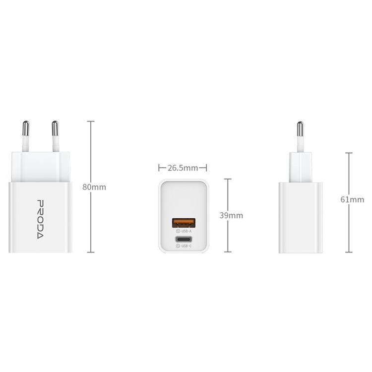 UTGÅTT - Proda Snabbladdare USB & USB-C, PD, 3A, 20W