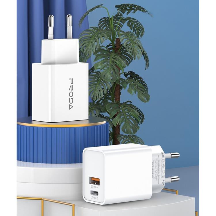 UTGÅTT - Proda Snabbladdare USB & USB-C, PD, 3A, 20W