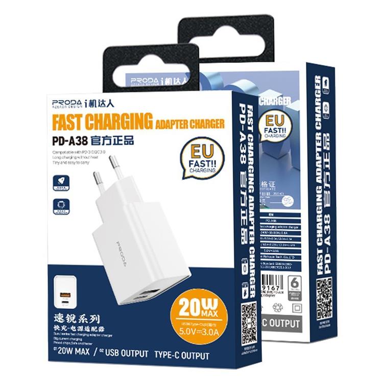 UTGÅTT - Proda Snabbladdare USB & USB-C, PD, 3A, 20W