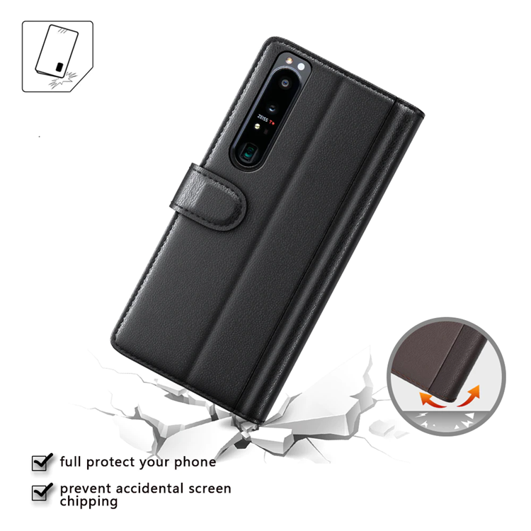 A-One Brand - Sony Xperia 1 IV Plånboksfodral Äkta Läder - Svart