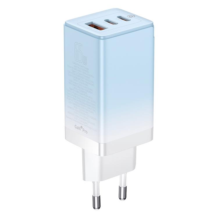 BASEUS - Baseus GaN3 Pro Snabbladdare 65W EU + Typ-C Kabel 100W 1m - Molnblå