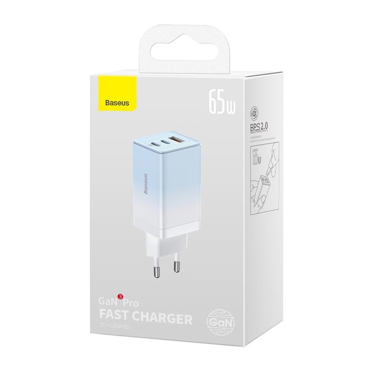 BASEUS - Baseus GaN3 Pro Snabbladdare 65W EU + Typ-C Kabel 100W 1m - Molnblå