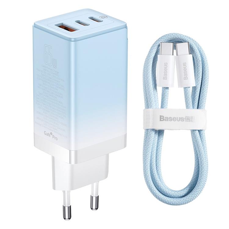 BASEUS - Baseus GaN3 Pro Snabbladdare 65W EU + Typ-C Kabel 100W 1m - Molnblå