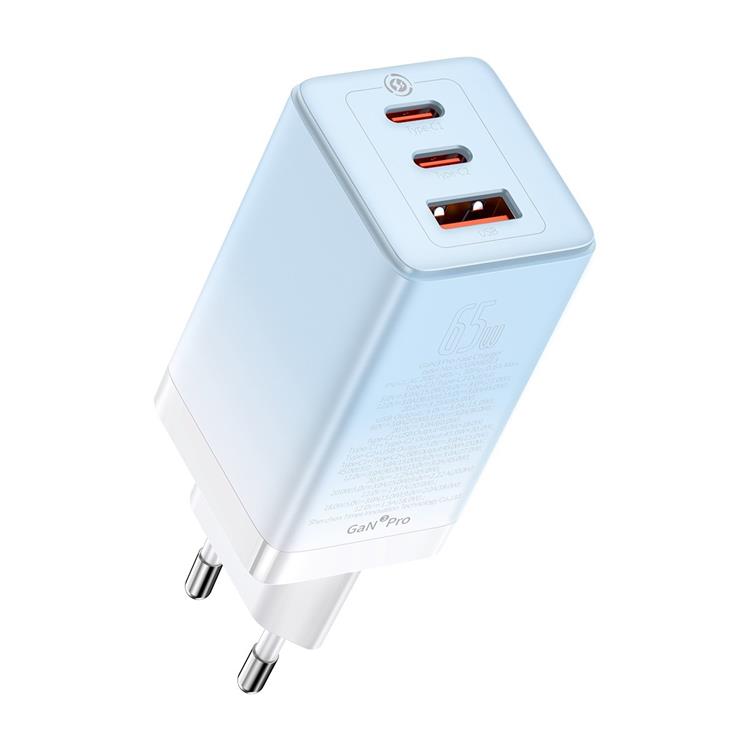 BASEUS - Baseus GaN3 Pro Snabbladdare 65W EU + Typ-C Kabel 100W 1m - Molnblå