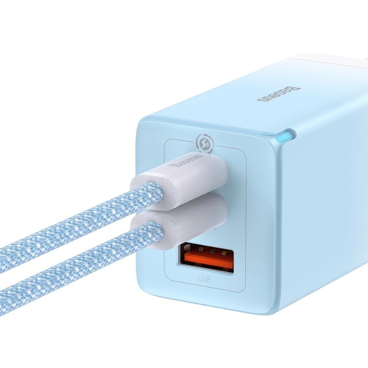 BASEUS - Baseus GaN3 Pro Snabbladdare 65W EU + Typ-C Kabel 100W 1m - Molnblå