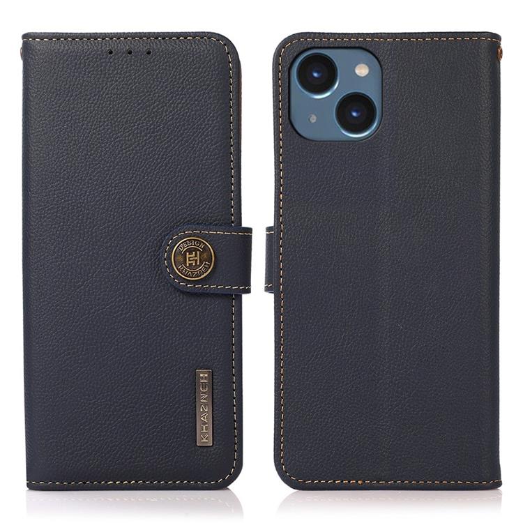 KHAZNEH - KHAZNEH iPhone 14 Plånboksfodral RFID Äkta Läder - Blå