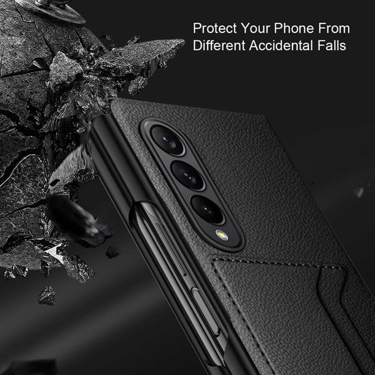 A-One Brand - Galaxy Z Fold 4 Skal Äkta Läder Litchi Korthållare - Röd