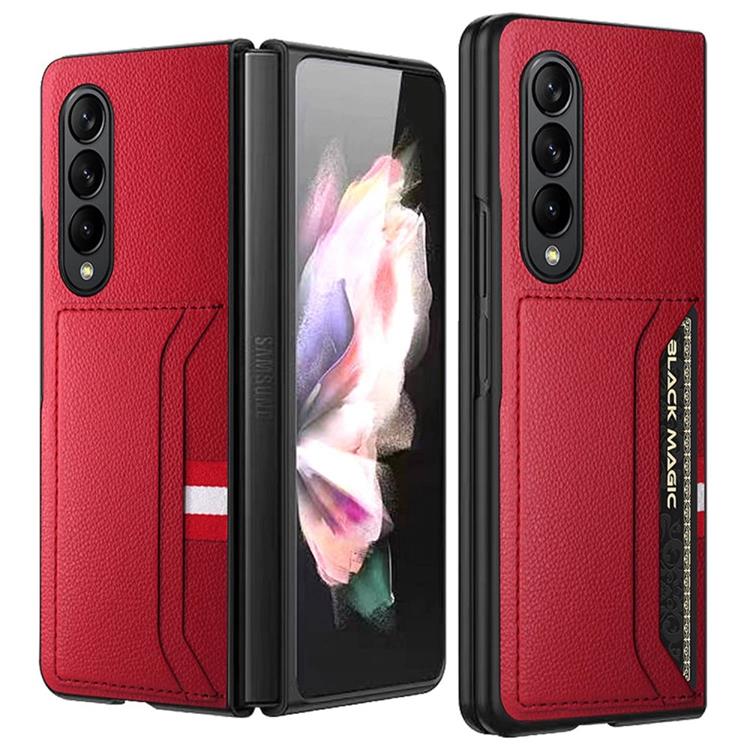 A-One Brand - Galaxy Z Fold 4 Skal Äkta Läder Litchi Korthållare - Röd