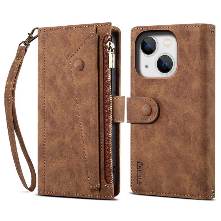 A-One Brand - iPhone 14 Plus Plånboksfodral Flap Zipper Strap - Brun