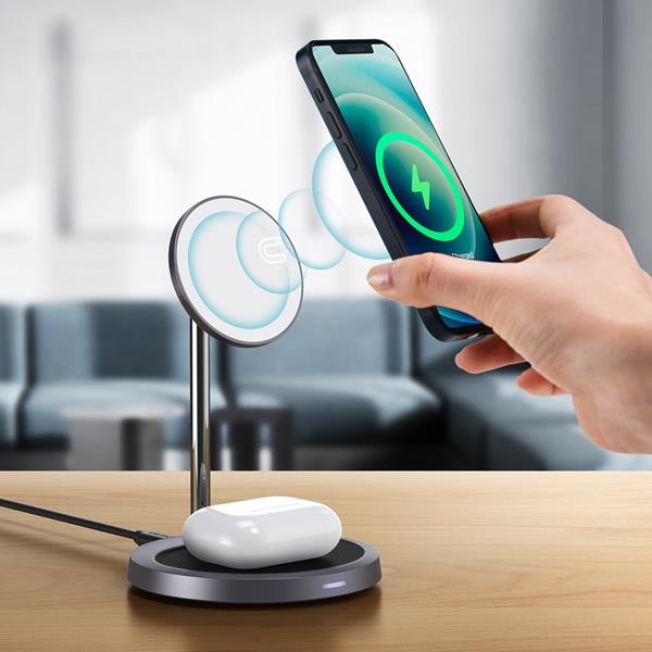 UTGÅTT - Choetech Magsafe 2in1 Magnetic Holder Qi Wireless Charger - Grå