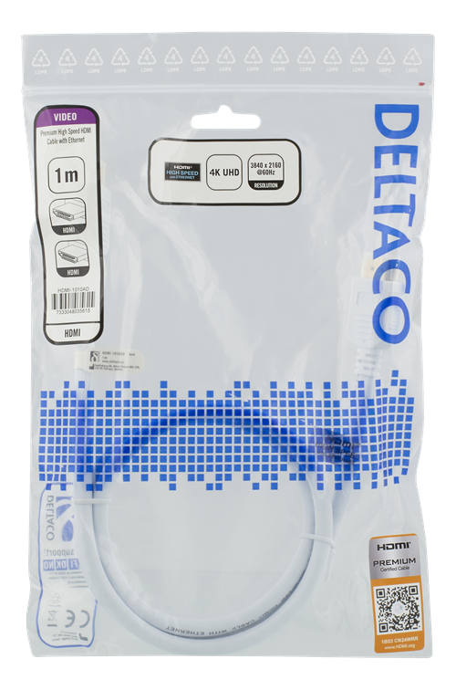 Deltaco - DELTACO High-Speed Premium HDMI-kabel, 1m - Vit