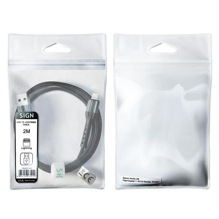 SiGN - SiGN Kevlar USB-kabel med Lightning 1.5A, 2m - Grå/Svart