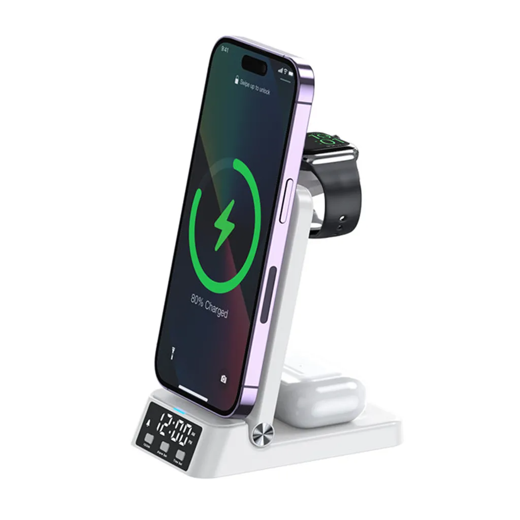 Produktfoto för SiGN 3-in-1 Trådlöst Laddningsställ med Väckarklocka, 15W - Vit