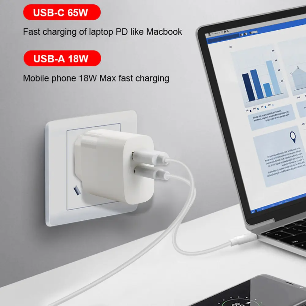 SiGN - SiGN GaN Snabbladdare USB-A & USB-C för Smartphone & Laptop, 65W - Vit