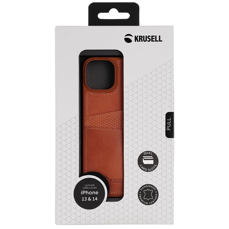 Krusell - KRUSELL iPhone 14 Skal Korthållare Äkta Läder - Cognac
