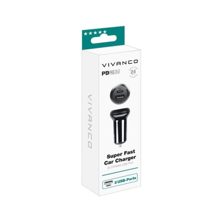 Vivanco - Vivanco Billadare USB-A Till USB-C 24W - Svart