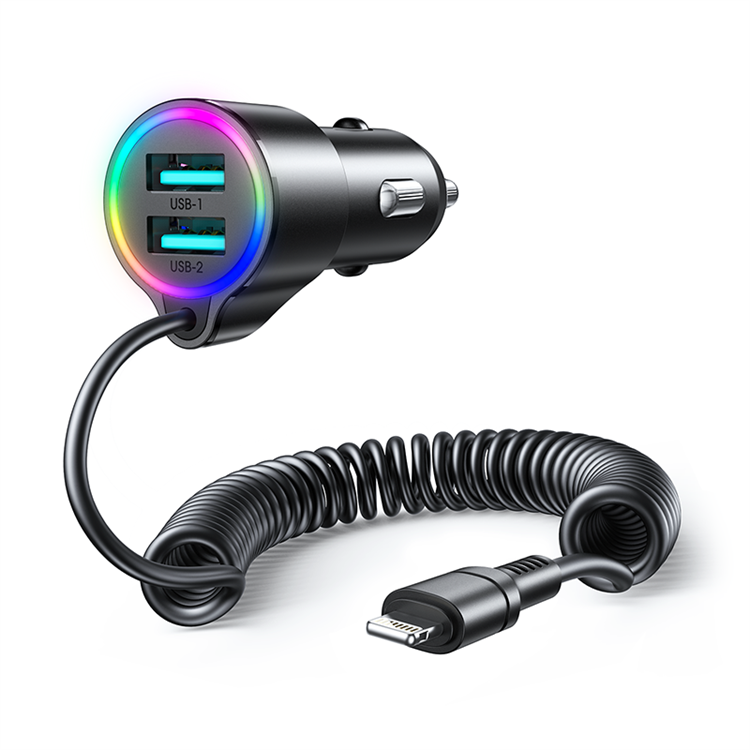 Joyroom - Joyroom 3in1 Billaddare 2x USB Till Lightning Kabel 1.5m 17W - Svart