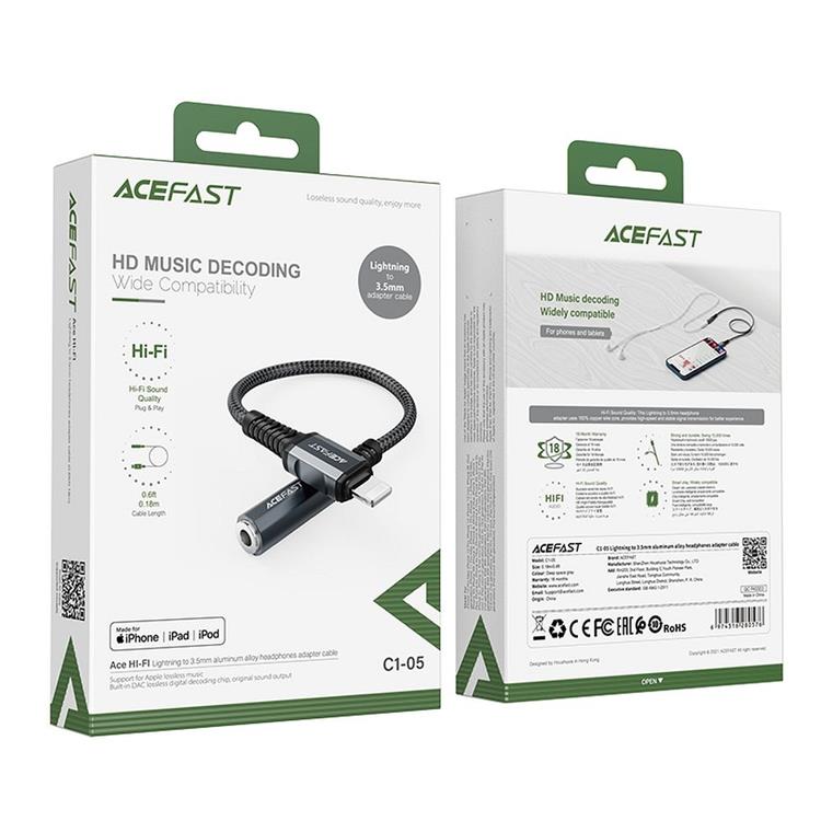 Acefast - Acefast MFI Ljud Lightning 3.5 mm Mini Jack Kabel 18cm - Grå