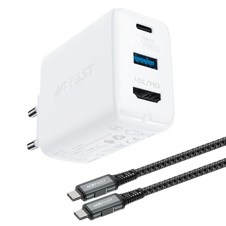 Acefast - Acefast 2in1 Väggladdare 65W USB Till Typ-C Till HDMI Till Typ-C Kabel - Vit