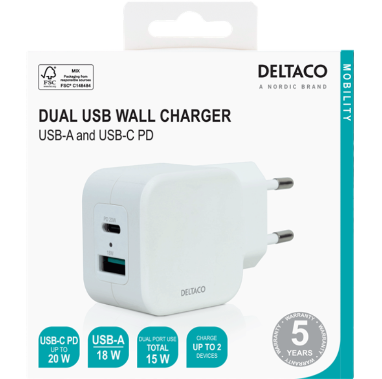 Deltaco - Deltaco Power Väggladdare USB-A Till USB-C 20W - Vit
