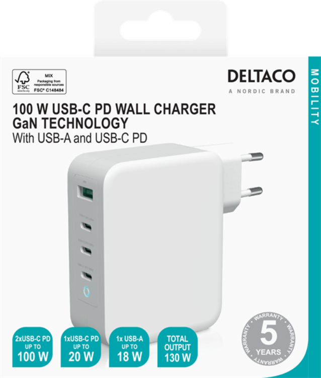 Deltaco - Deltaco Power Väggladdare USB-A Till 3x USB-C 130 W - Vit