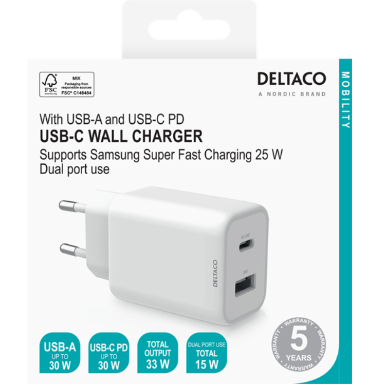 Deltaco - Deltaco Power Väggladdare USB-A Till USB-C 30 W - Vit