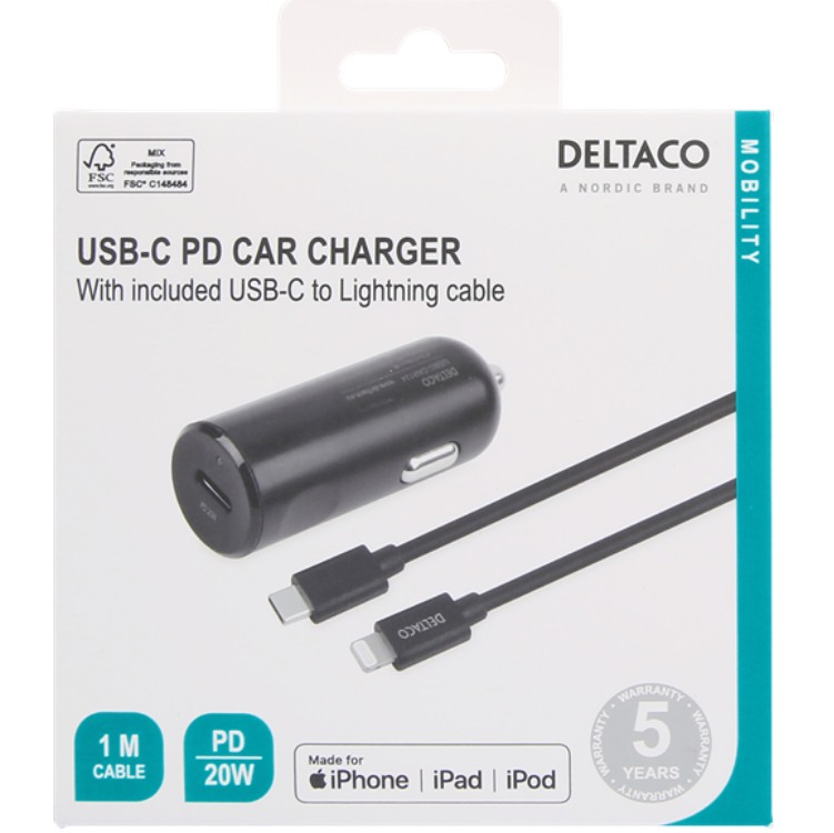 Deltaco - Deltaco Billaddare 20W USB-C Med USB-C Till Lightning Kabel 1m - Svart