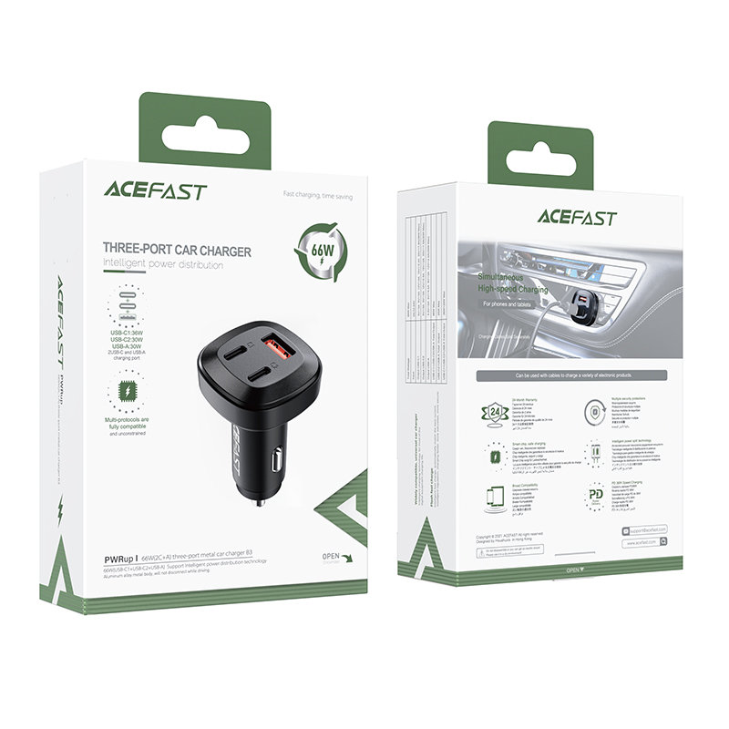 Acefast - Acefast Billaddare 66W 2x USB-C Till USB - Svart