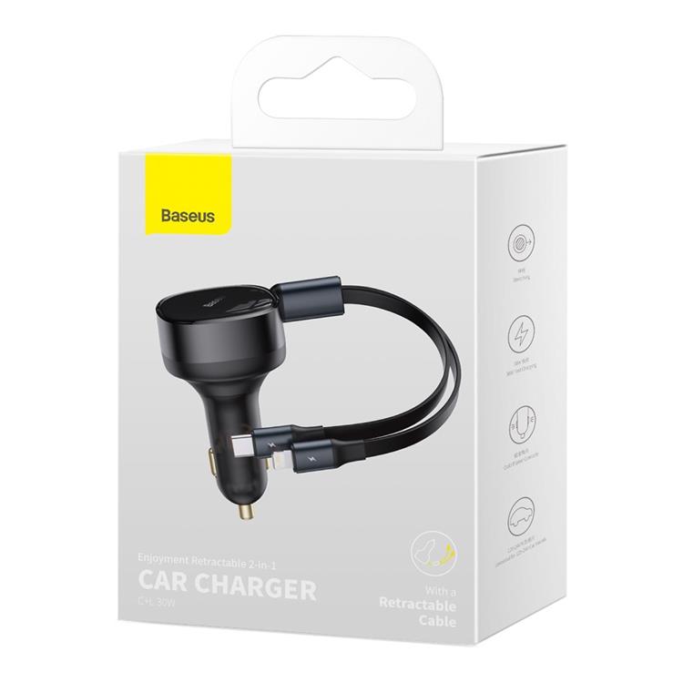 BASEUS - Baseus Retractable 2in1 Billaddare 30W - Svart