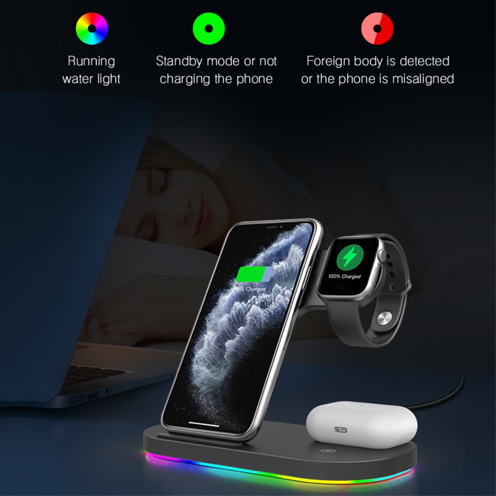 A-One Brand - 3in1 Qi 15W Trådlös laddare iPhone / Apple Watch / AirPods - Svart