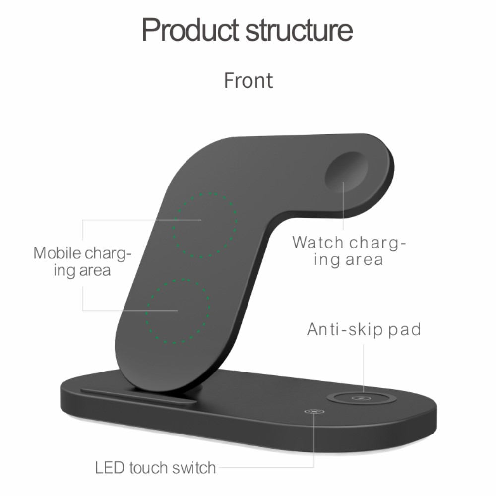 A-One Brand - 3in1 Qi 15W Trådlös laddare iPhone / Apple Watch / AirPods - Svart