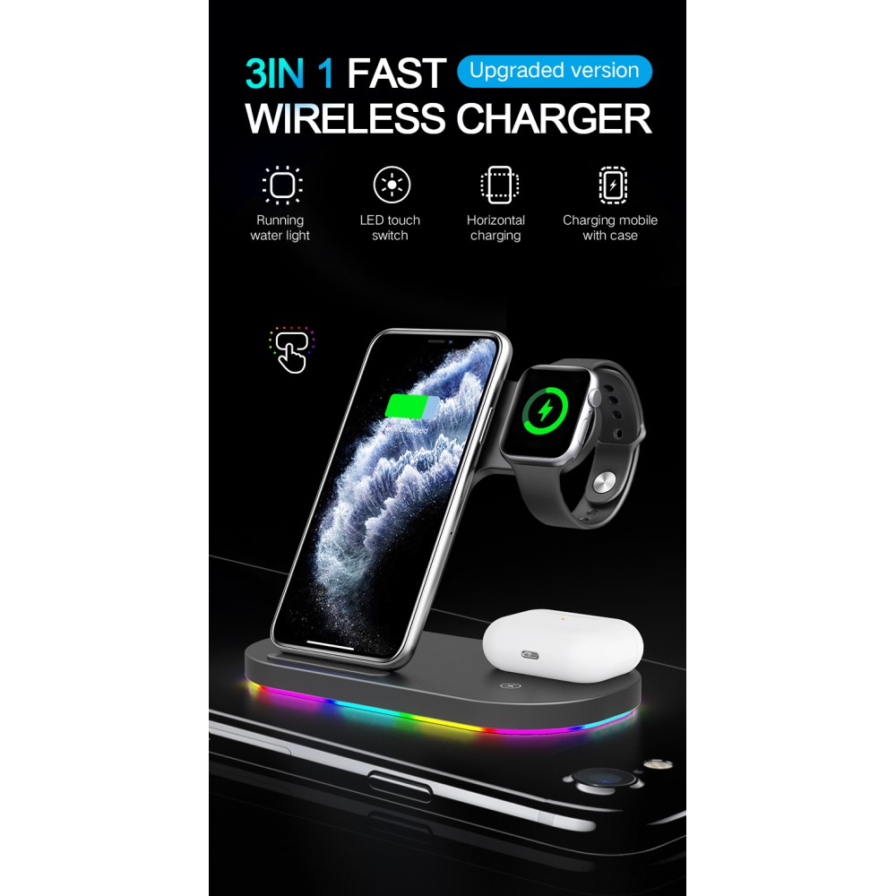 A-One Brand - 3in1 Qi 15W Trådlös laddare iPhone / Apple Watch / AirPods - Svart