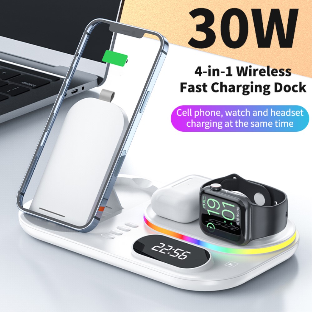 A-One Brand - 4in1 15W Trådlös laddare iPhone/Apple Watch/AirPods/Digital klocka