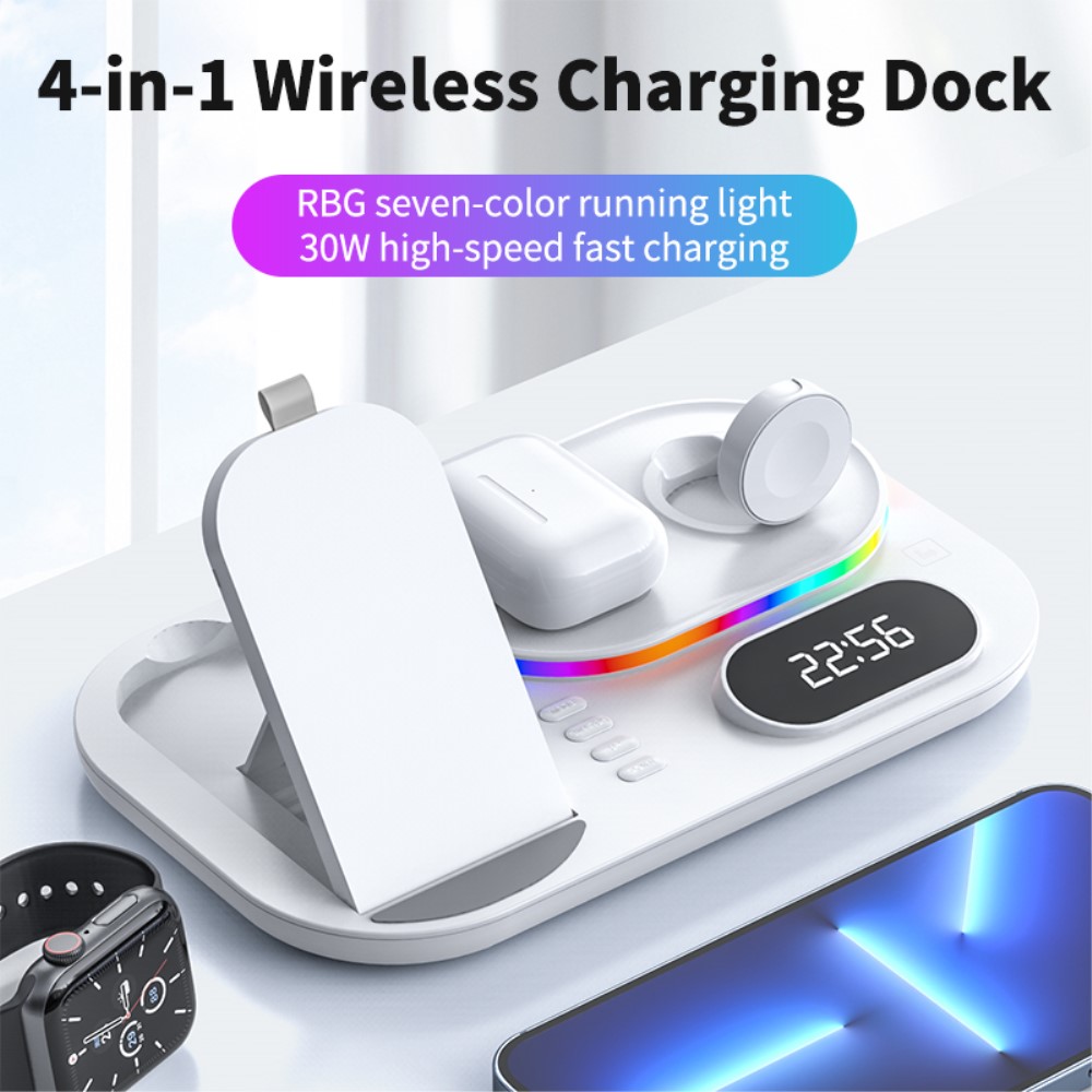A-One Brand - 4in1 15W Trådlös laddare iPhone/Apple Watch/AirPods/Digital klocka