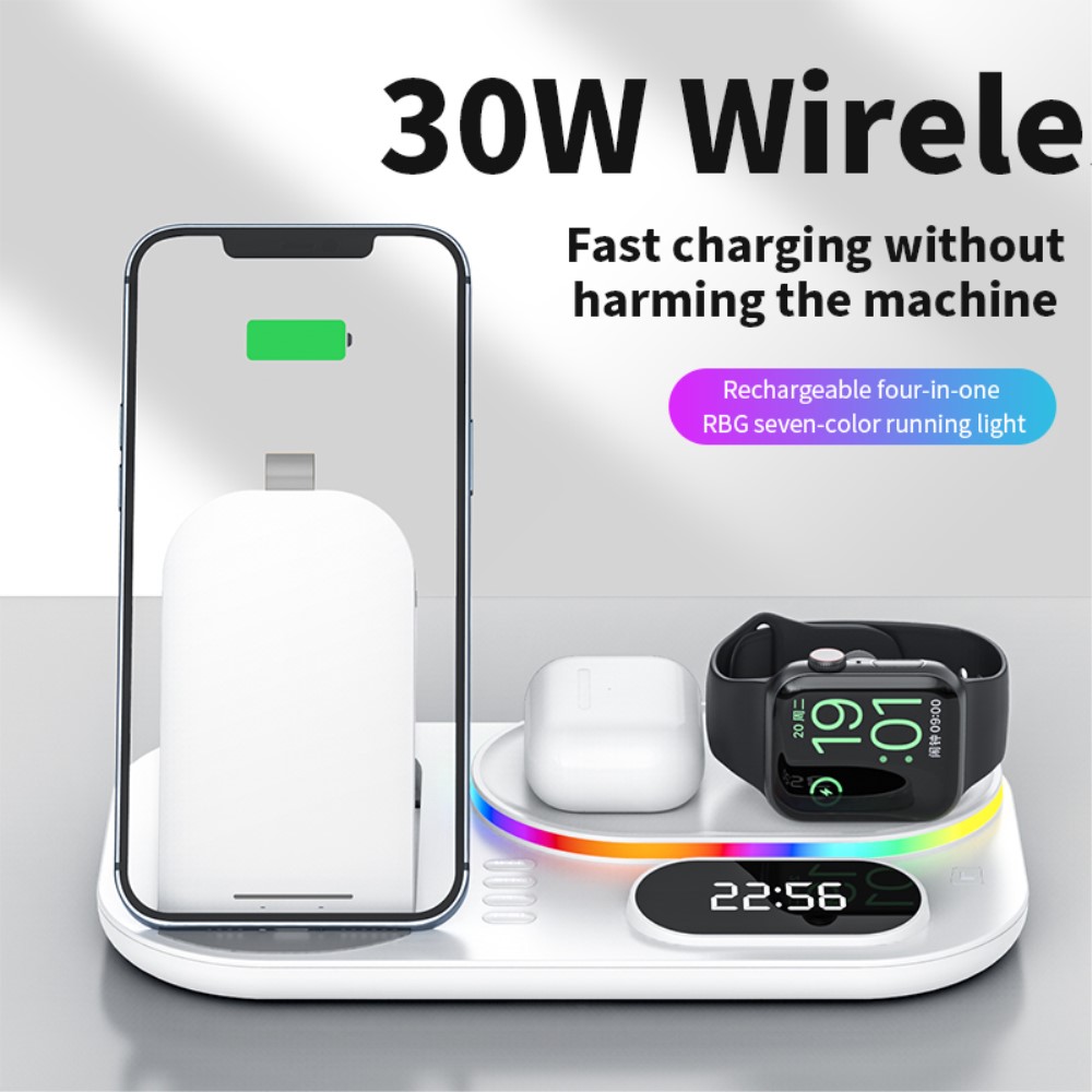 A-One Brand - 4in1 15W Trådlös laddare iPhone/Apple Watch/AirPods/Digital klocka
