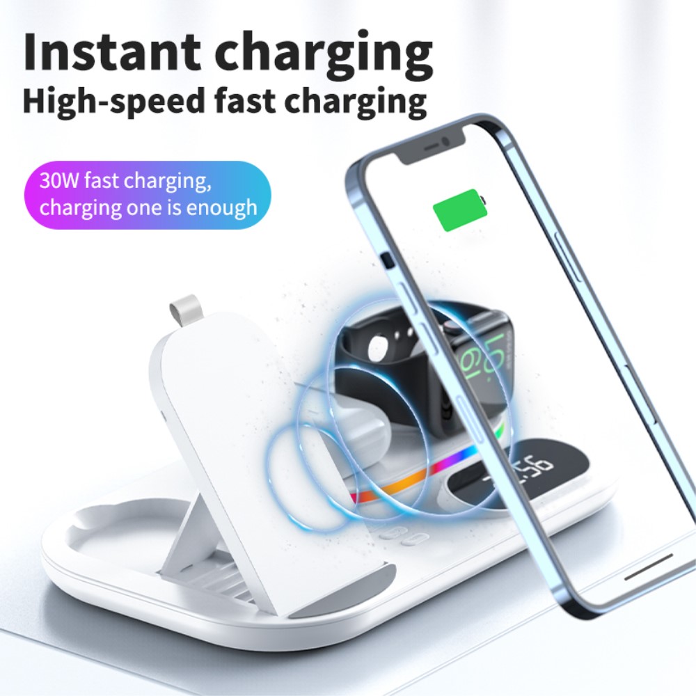 A-One Brand - 4in1 15W Trådlös laddare iPhone/Apple Watch/AirPods/Digital klocka