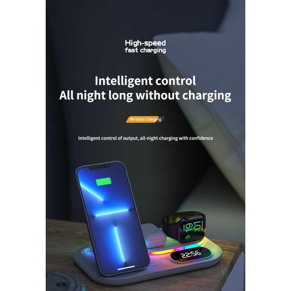 A-One Brand - 4in1 15W Trådlös laddare iPhone/Apple Watch/AirPods/Digital klocka