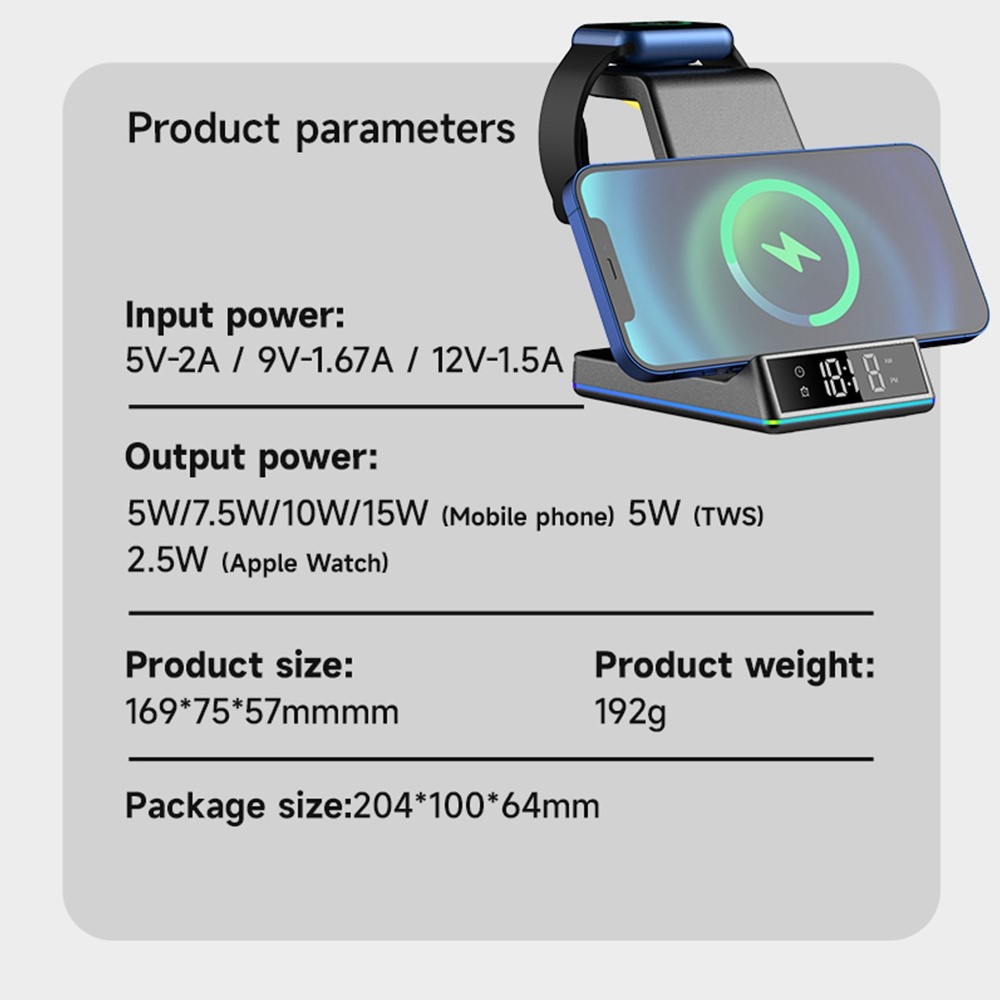 A-One Brand - 5in1 Z6 15W Trådlös laddare iPhone/Apple Watch/AirPods/Digital klocka