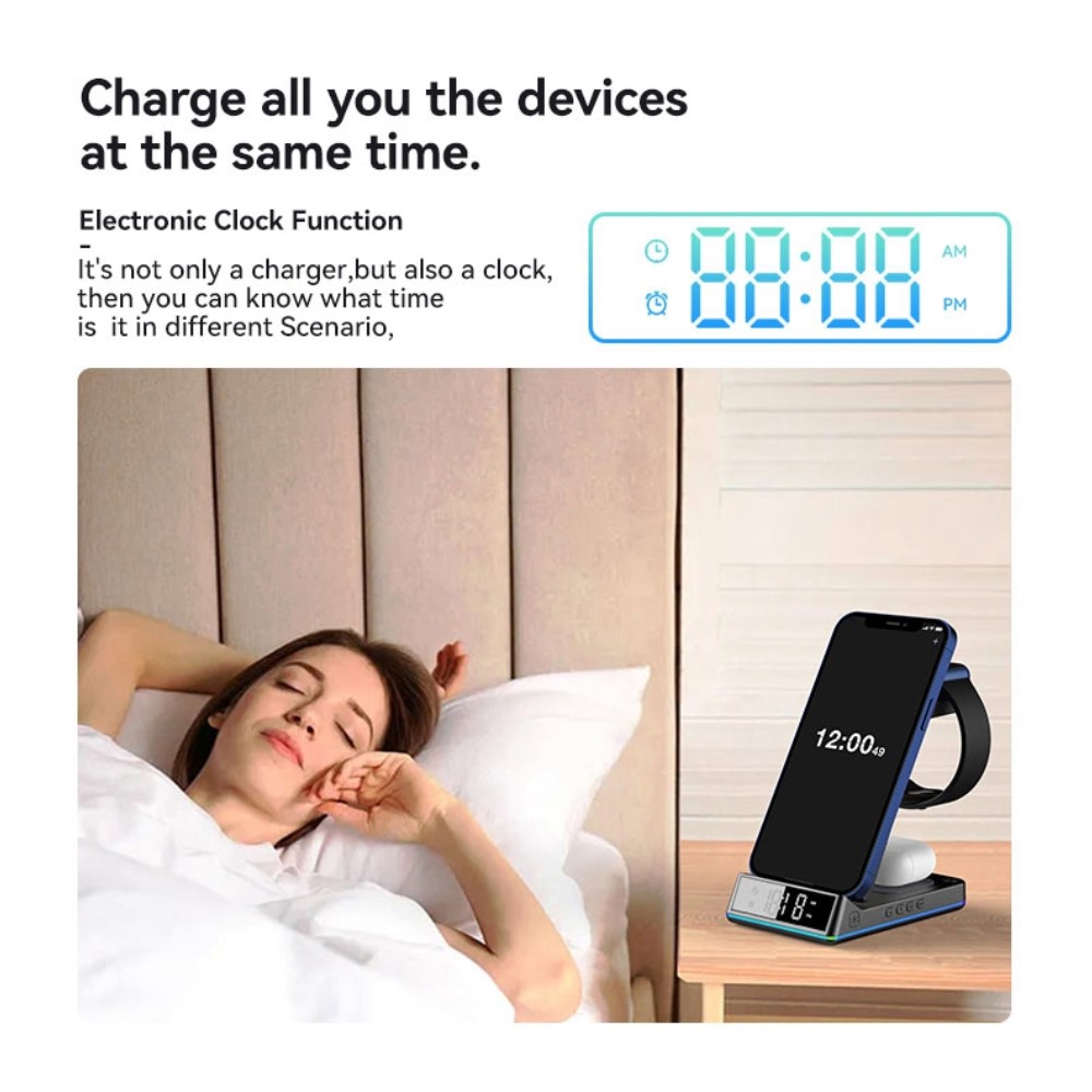 A-One Brand - 5in1 Z6 15W Trådlös laddare iPhone/Apple Watch/AirPods/Digital klocka