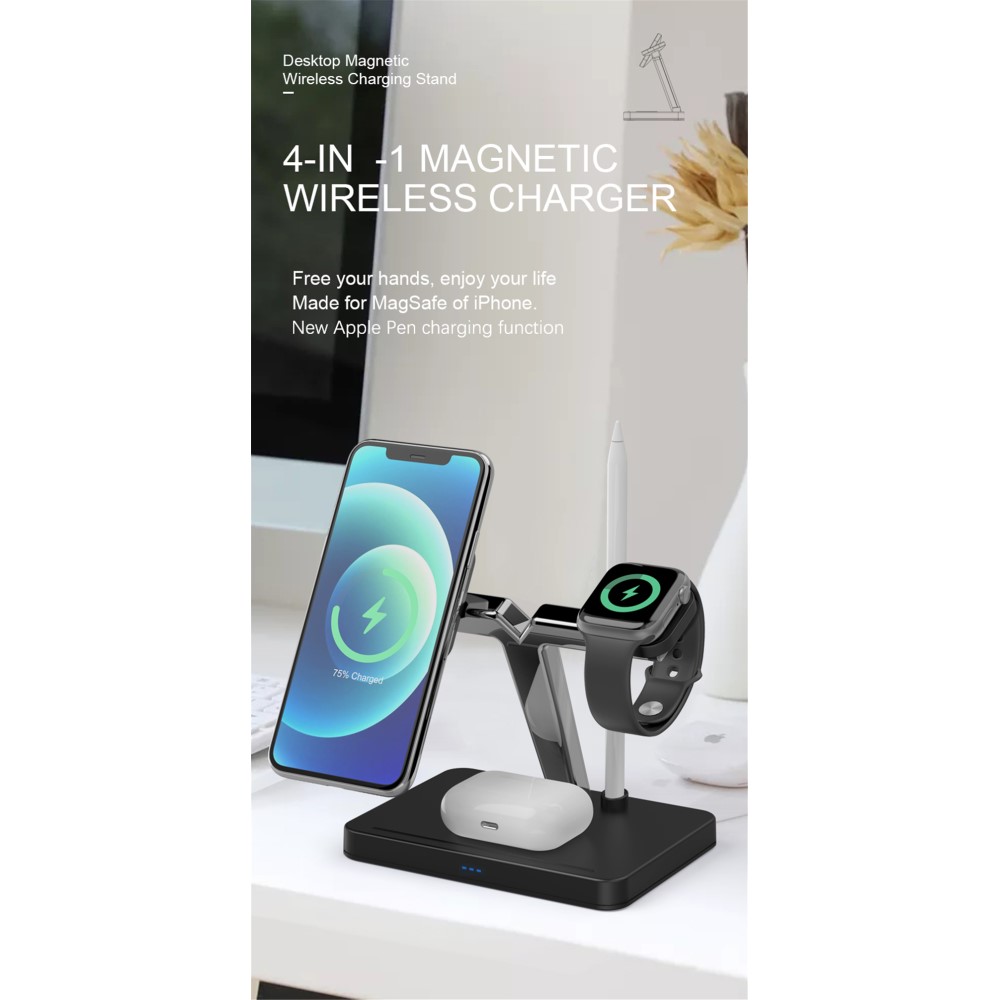 A-One Brand - 4in1 Magsafe Trådlös laddare iPhone - Apple Watch - AirPods - Apple Pencil