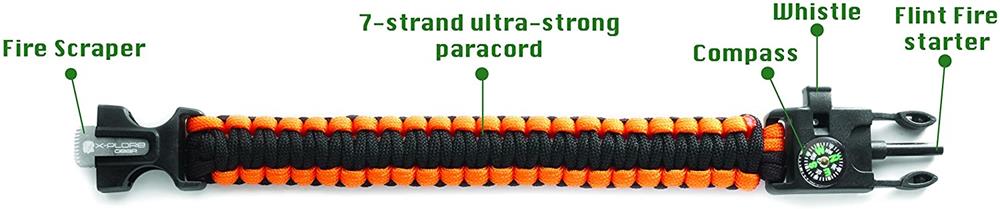 A-One Brand - [1-PACK] verlevnadsarmband Paracord l kompass, visselpipa, flintbrandstartare