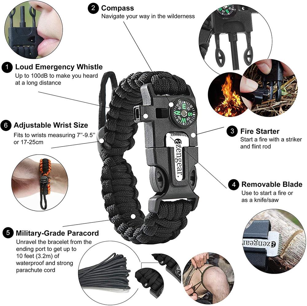 A-One Brand - [1-PACK] verlevnadsarmband Paracord l kompass, visselpipa, flintbrandstartare