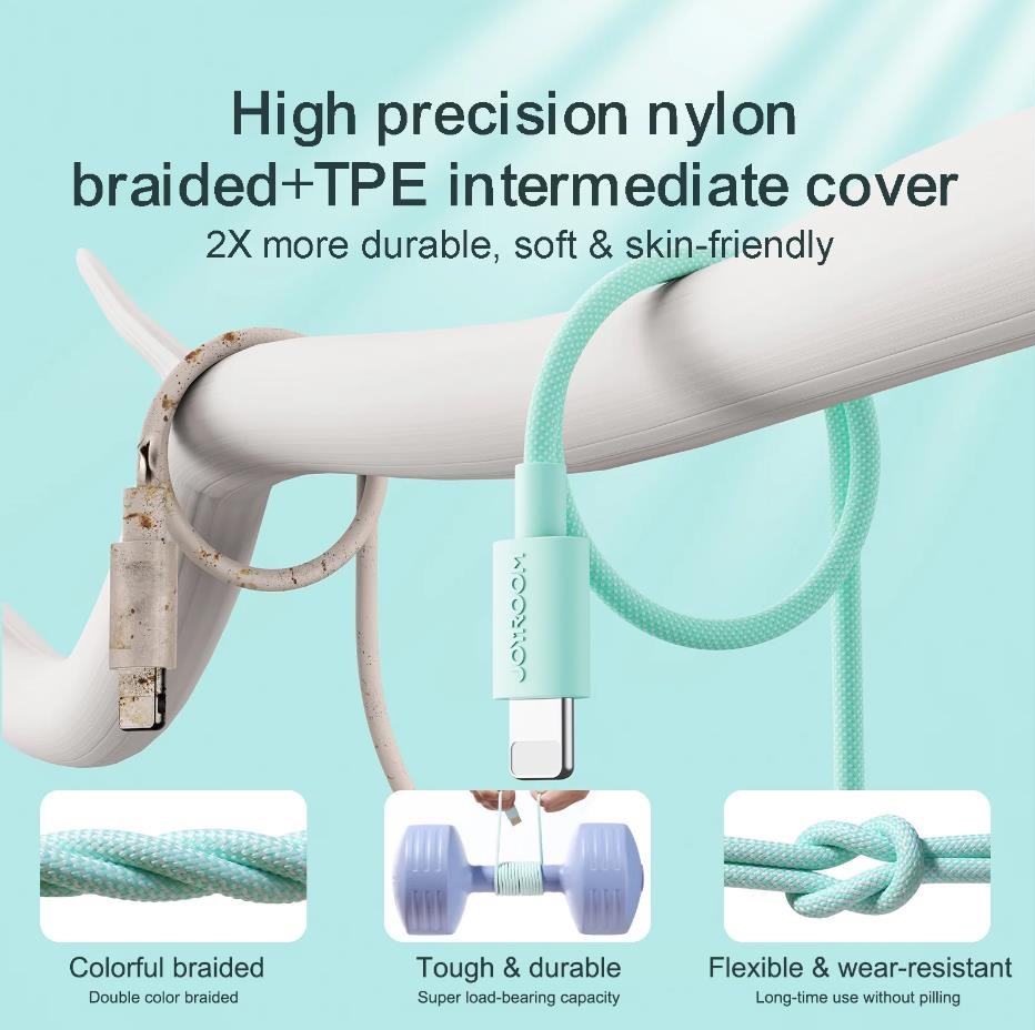 Joyroom - Joyroom Macaron Nylon 2.4A USB-A Till Lightning Kabel 2m - Lila