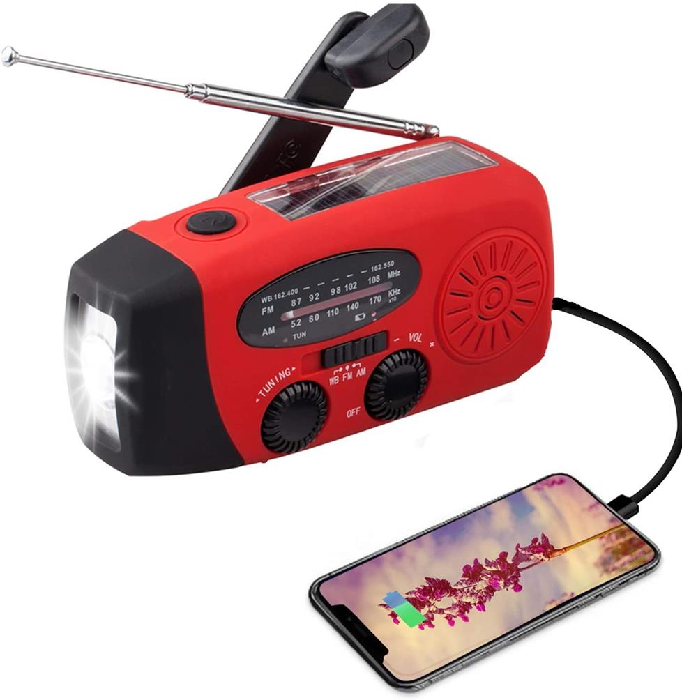 A-One Brand - Vevradio 2000mAh Powerbank, Solceller, Ficklampa - Röd