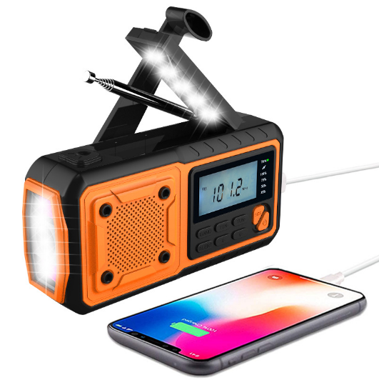A-One Brand - Vevradio 4000mAh Powerbank med LCD Skrm, Solceller, Ficklampa - Orange