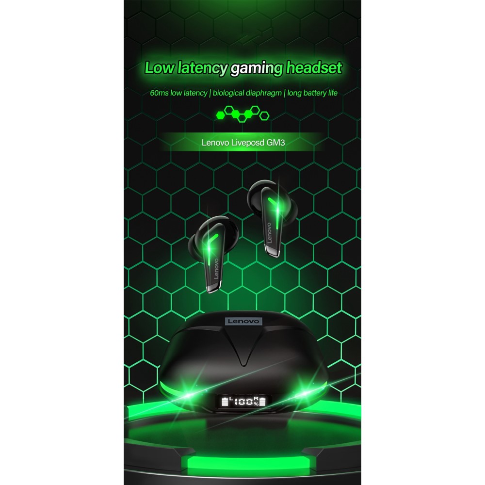 Lenovo - LENOVO GM3 TWS LED Bluetooth Trådlösa Hörlurar - Svart