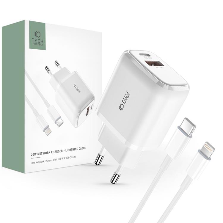 Tech-Protect - Tech-Protect Väggladdare Lightnin 20W , Lightning Kabel - Vit