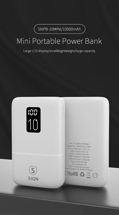 SiGN - SiGN Mini Q.C Powerbank med Display 10.000mAh - Vit